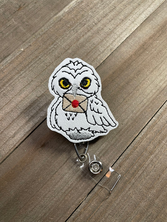 Hedwig Harry Potter Snow Owl Name Tag Badge Reel