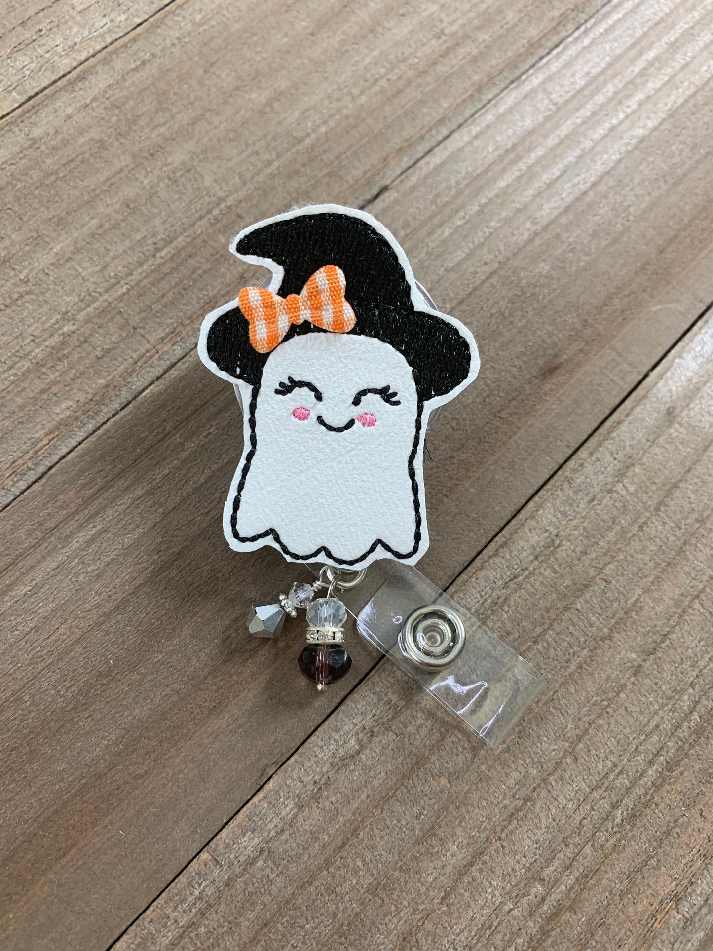 Spooky Ghost with Witch Hat Retractable Badge Reel