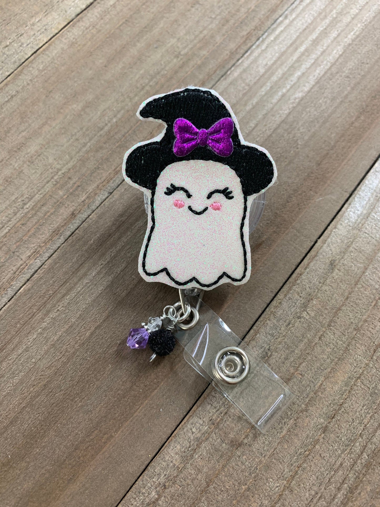 Spooky Ghost with Witch Hat Retractable Badge Reel