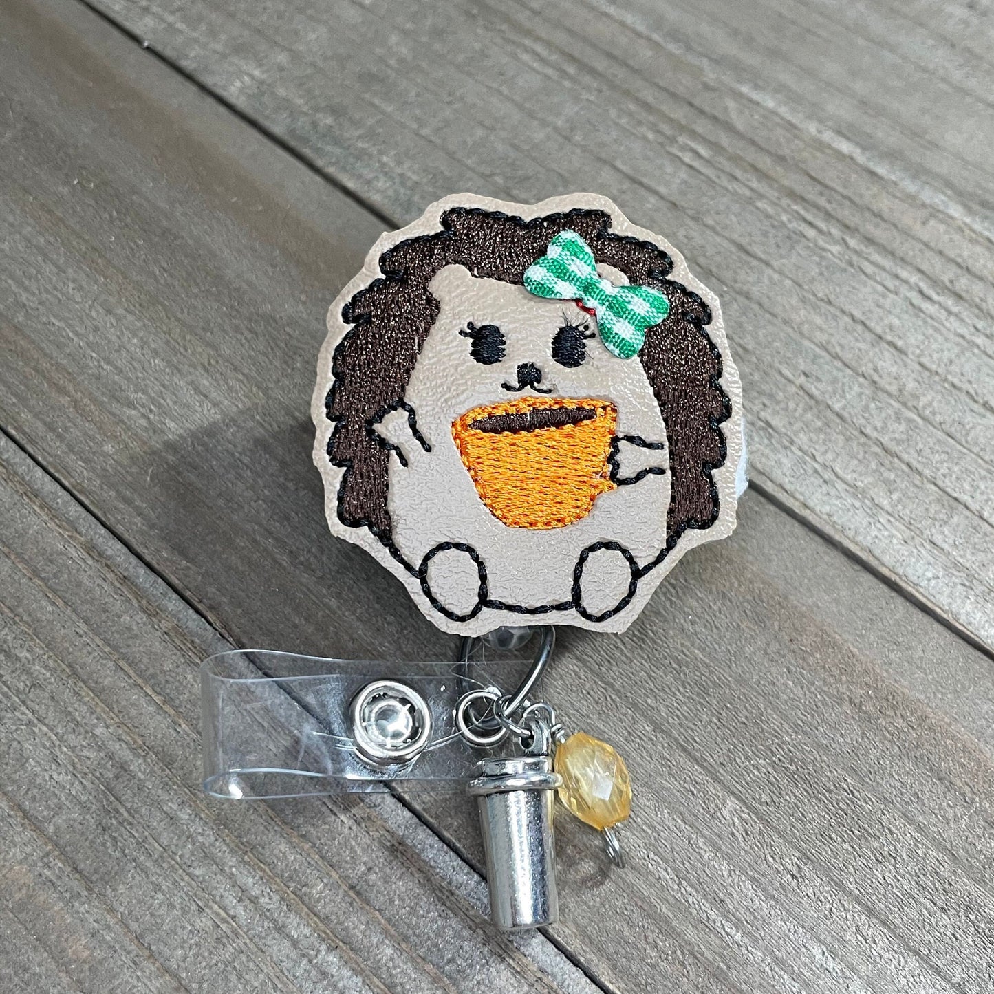 Hedgehog Enjoying Coffee Retractable Badge Reel Name Tag Holder